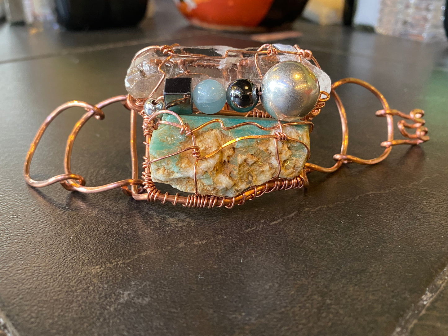 COPPER+AMAZONITE+AQUAMARINE+HEMATITE+SILVER BALL ARCLINK BRACELET