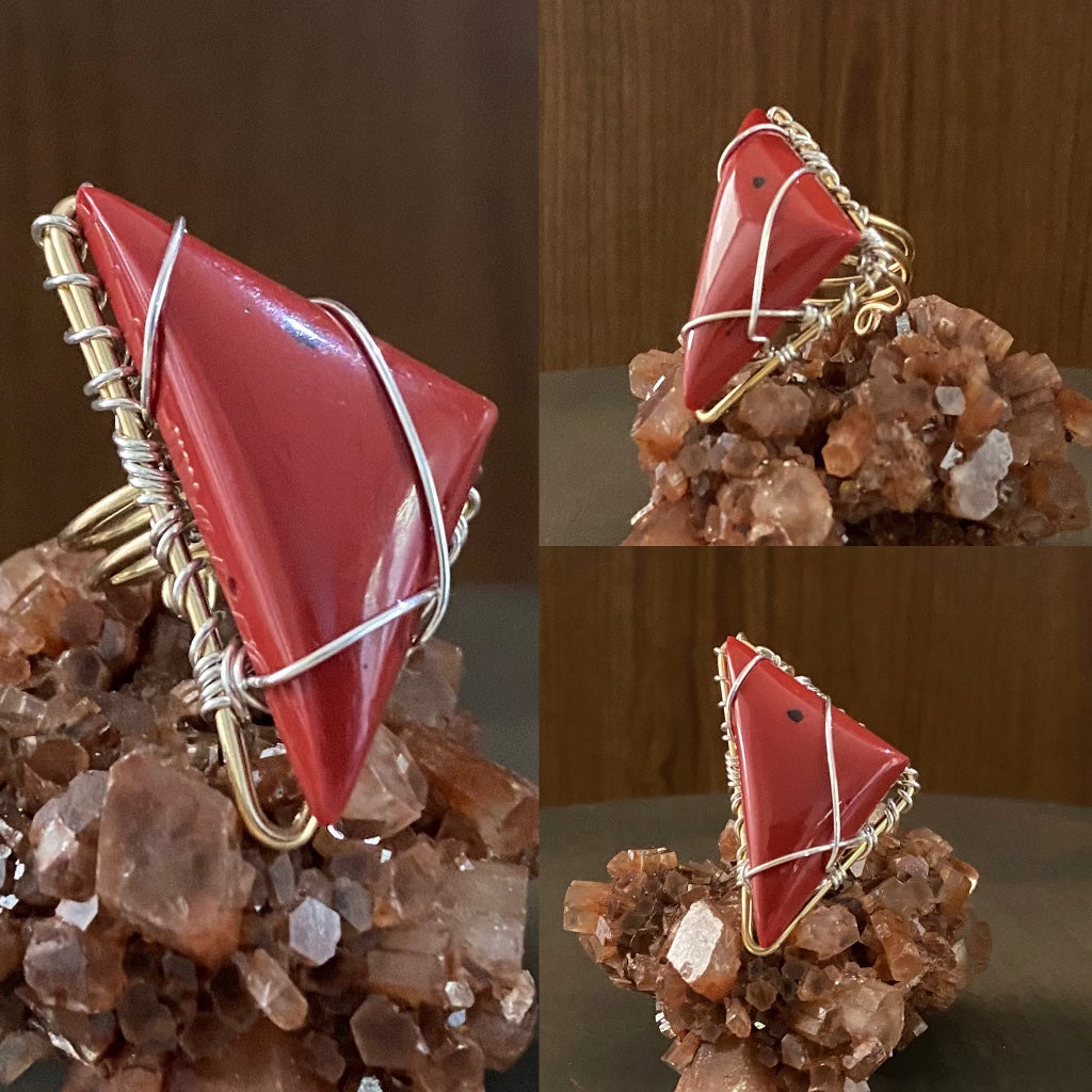 BRONZE+SILVER+ENHANCED RED JASPER RING