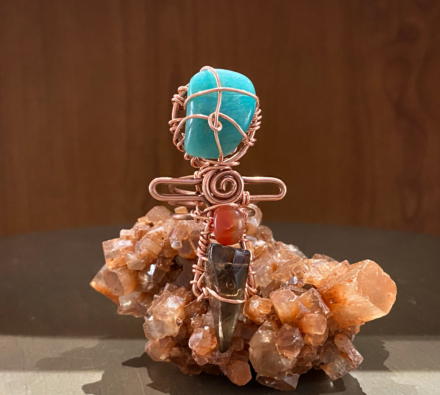 COPPER+AMAZONITE+CARNELIAN+SMOKEY QUARTZ ANKH RING