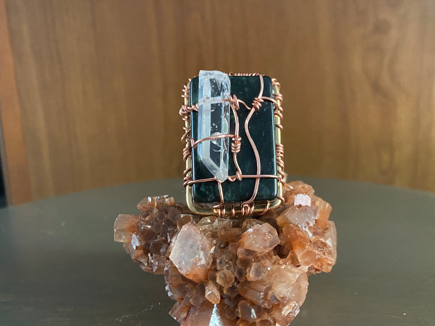 BRONZE+COPPER+JADE+CLEAR QUARTZ RING
