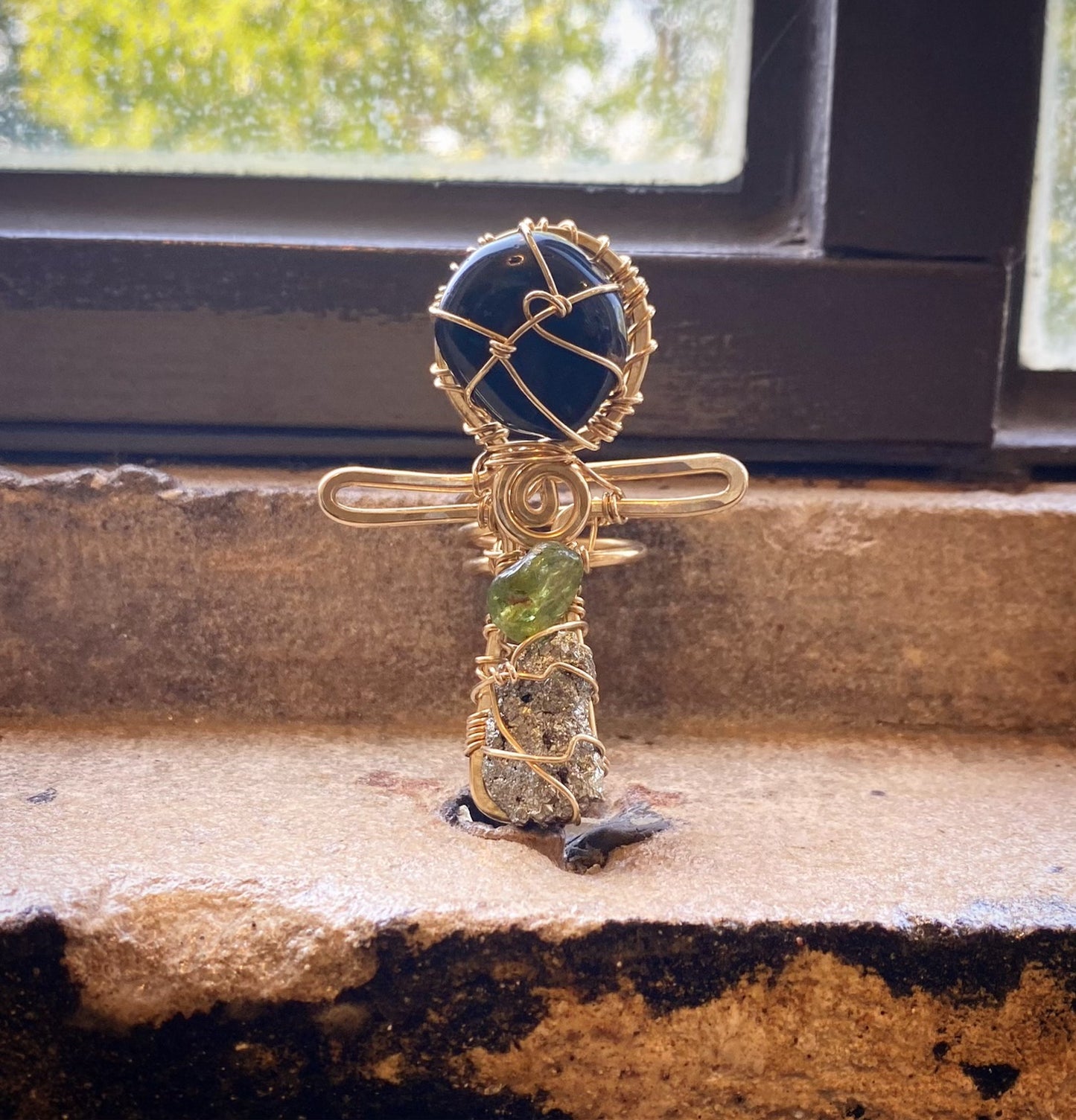 BRONZE+OBSIDIAN+PERIDOT+PYRITE ANKH RING