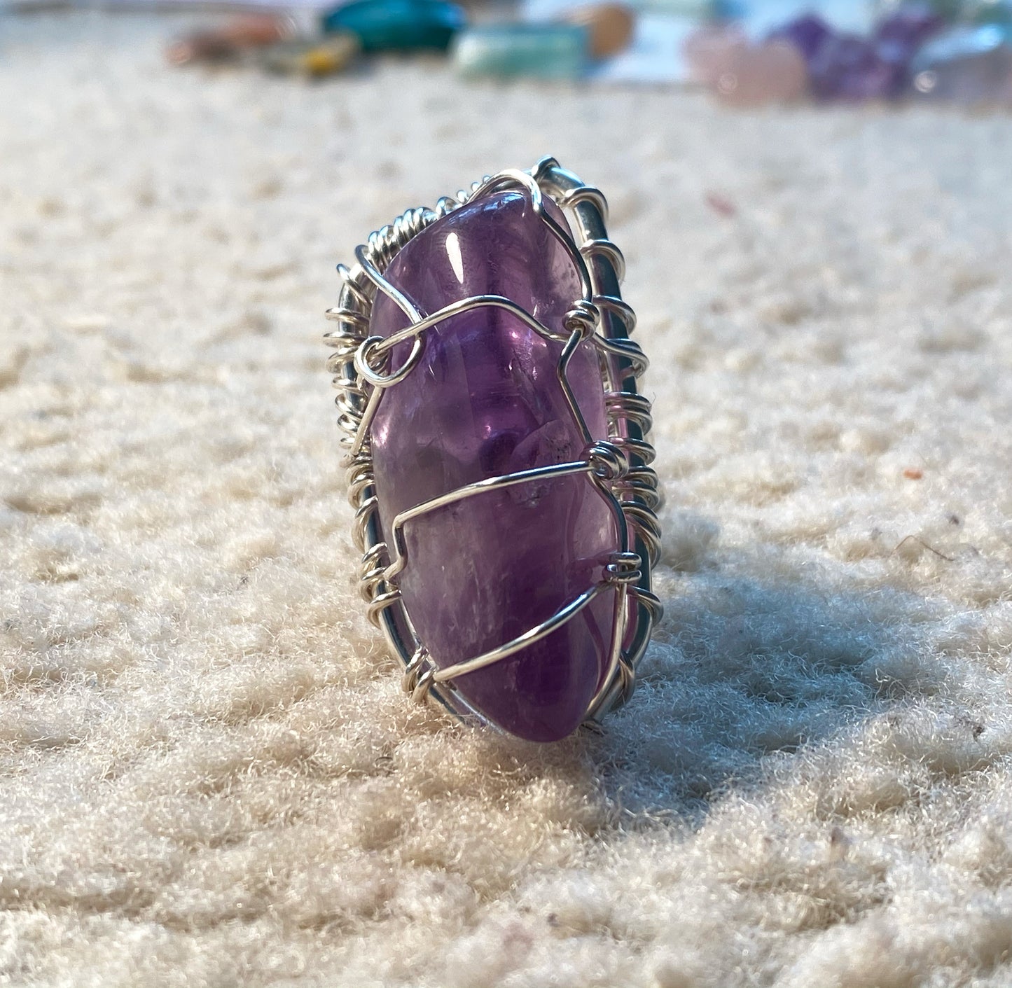 SILVER+AMETHYST LONG CHUNKY RING