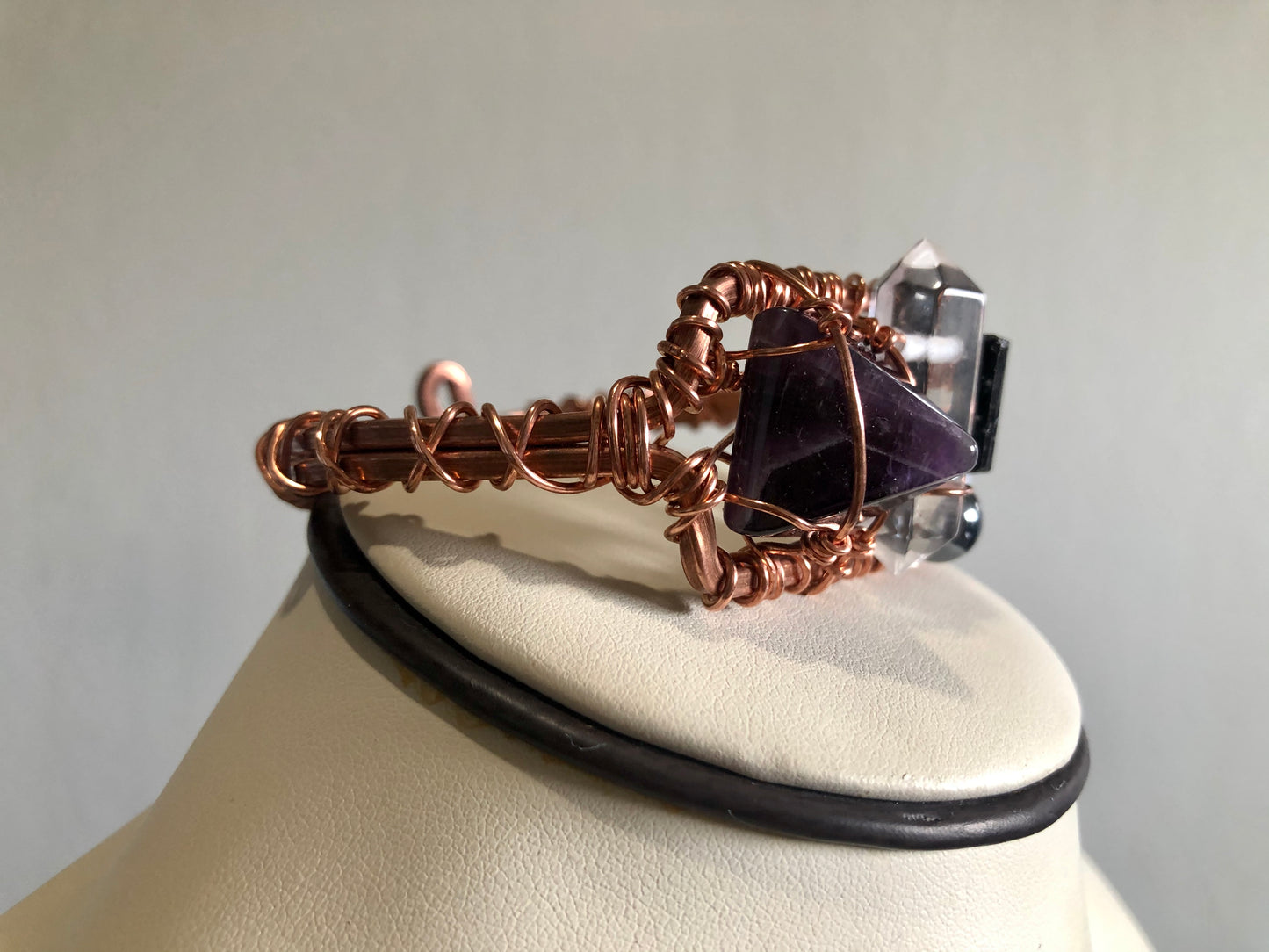 COPPER+AMETHYST+CLEAR QUARTZ MULTI-STONE CUFF BRACELET