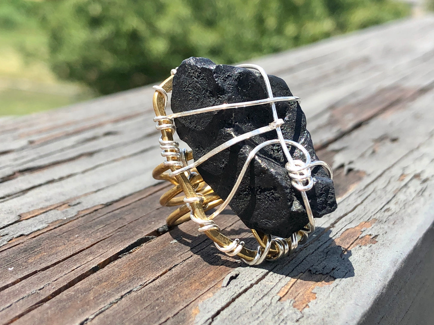 BRONZE+SILVER+SHUNGITE RING