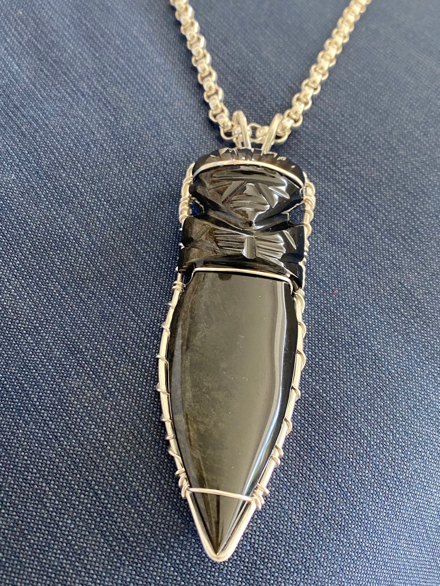 SILVER+OBSIDIAN DAGGER ROLO NECKLACE