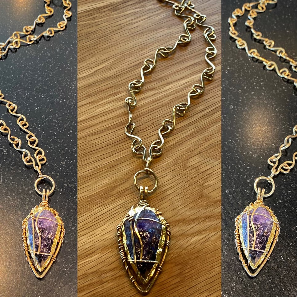 BRASS+BRONZE+AMETHYST ARROWHEAD NECKLACE