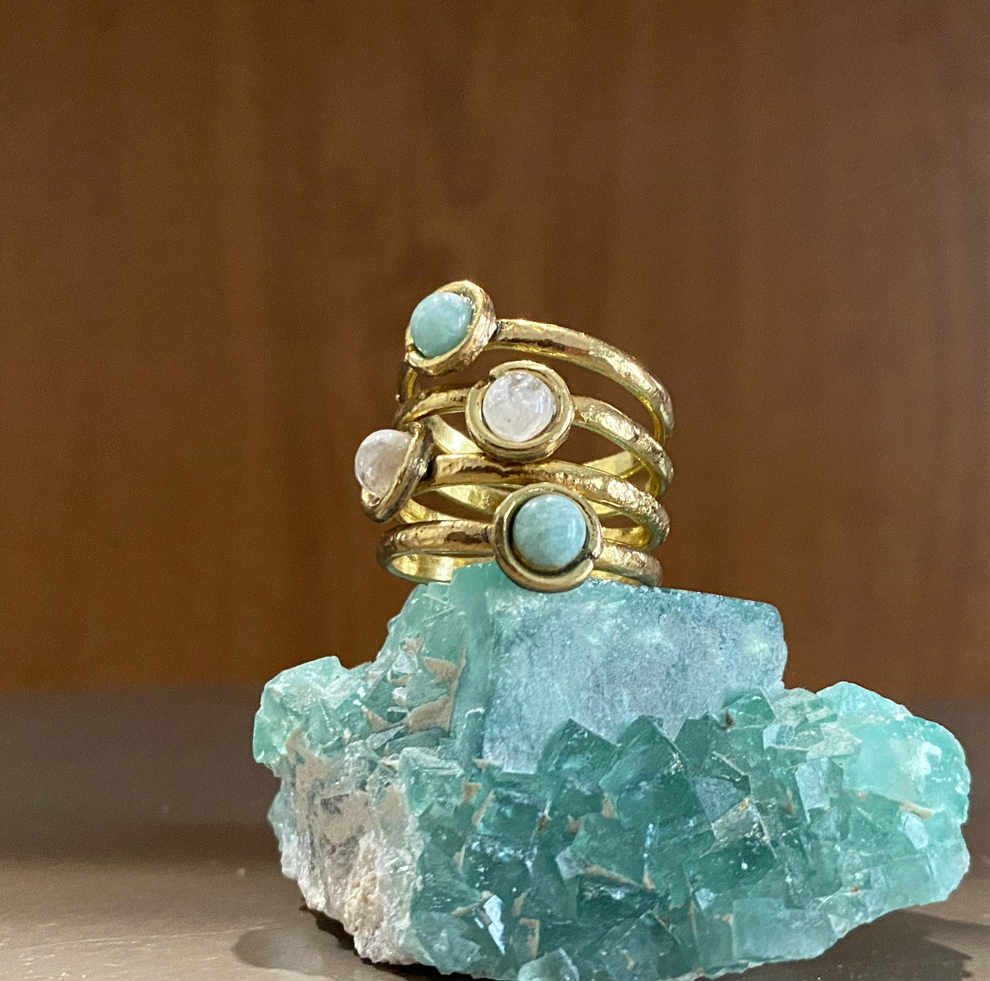 BRASS+MOONSTONE+ AMAZONITE RING