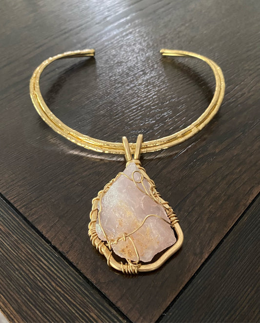 BRASS+BRONZE+RAW ROSE QUARTZ CHOKER NECKLACE