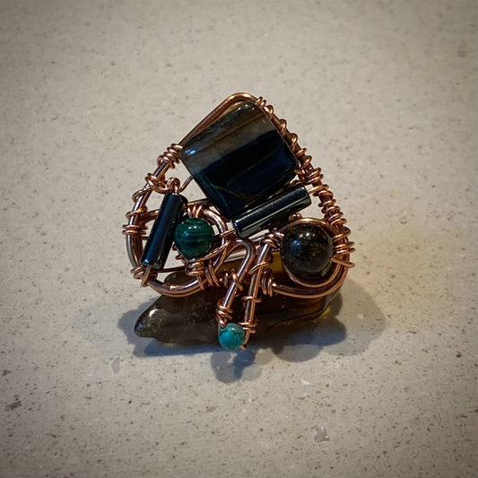 ✨QUEEN OF SPADES✨ COPPER+TIGERS EYE +GARNET+MALACHITE+HEMATITE+TURQUOISE PARTY RING