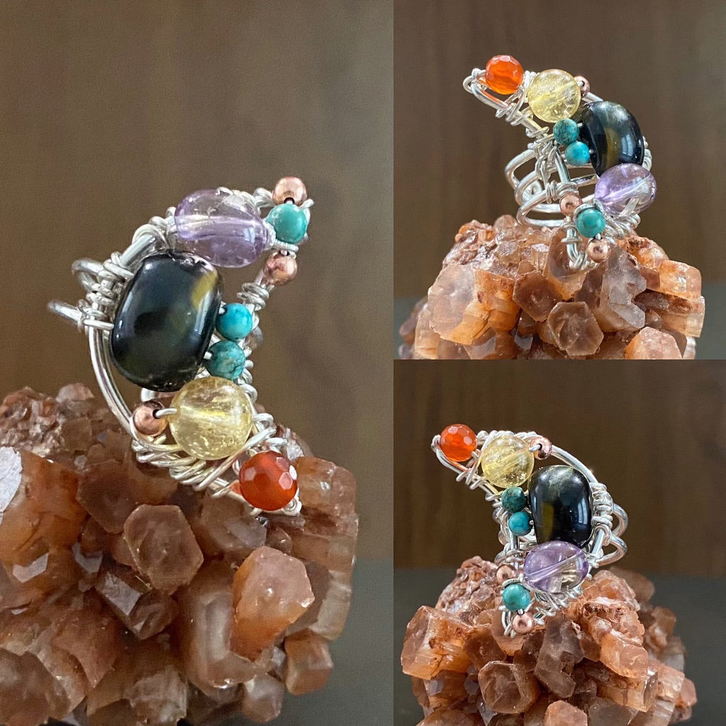 ✨TWILIGHT CRESCENDO✨ SILVER+BLUE TIGERS EYE+AMETRINE+TURQUOISE+CITRINE+CARNELIAN PARTY RING