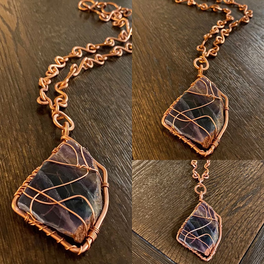 THICK COPPER+CHUNKY RAINBOW FLOURITE NECKLACE