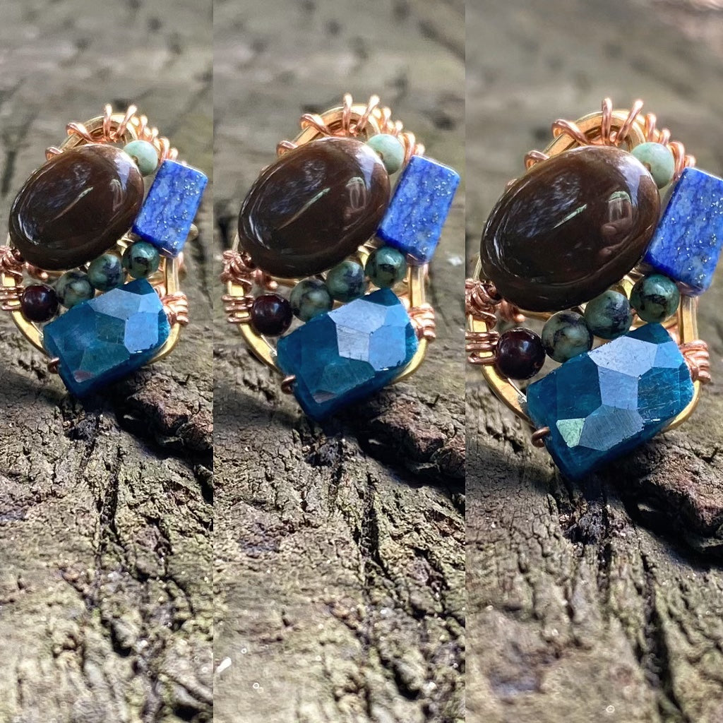 BRONZE+COPPER+APATITE+JASPER+ LAPIS LAZULI +TURQUOISE PARTY RING