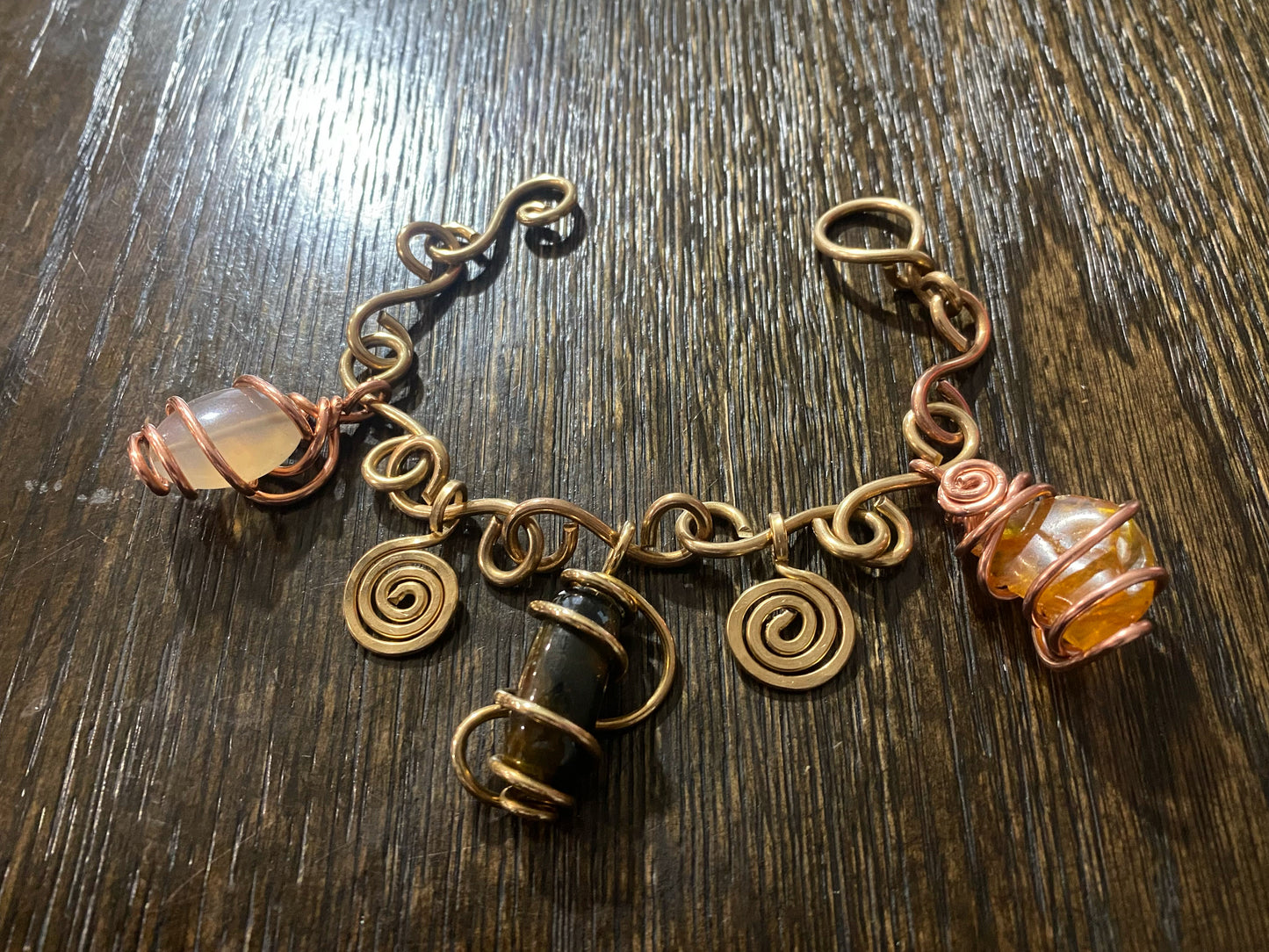 BRONZE+COPPER+AMBER+BLUE TIGERS EYE+AGATE CHARM BRACET