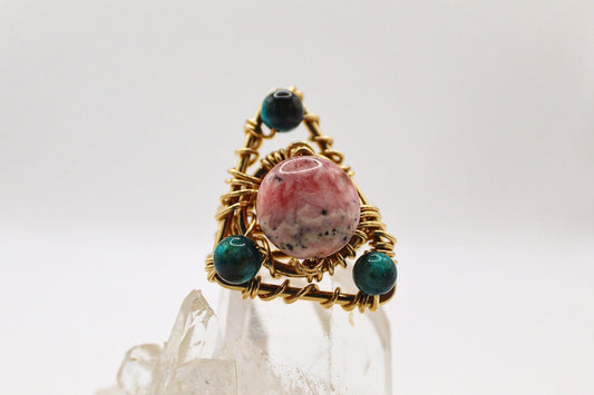 BRONZE+  RHODOCHROSITE+CATS EYE PARTY RING