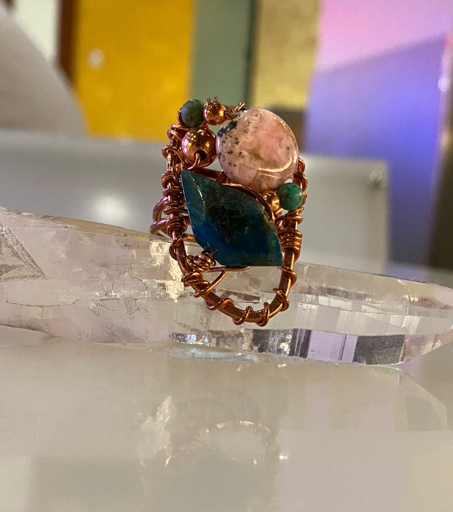 COPPER+APATITE+RHODOCHROSITE+TURQUOISE PARTY RING