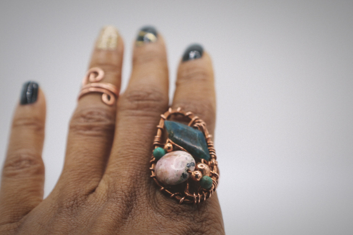 COPPER+APATITE+RHODOCHROSITE+TURQUOISE PARTY RING