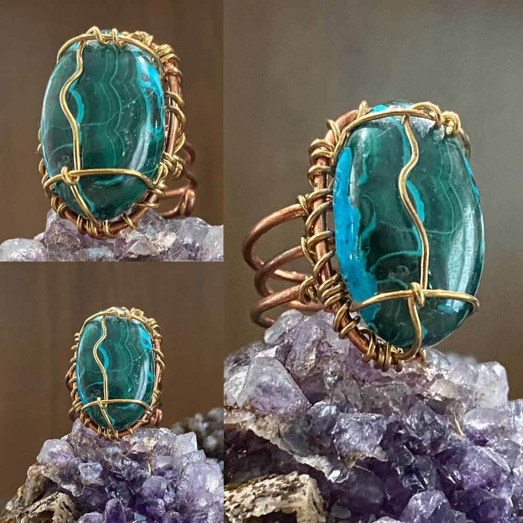 COPPER+BRONZE+MALACHITE+  CHRYSOCOLLA RING