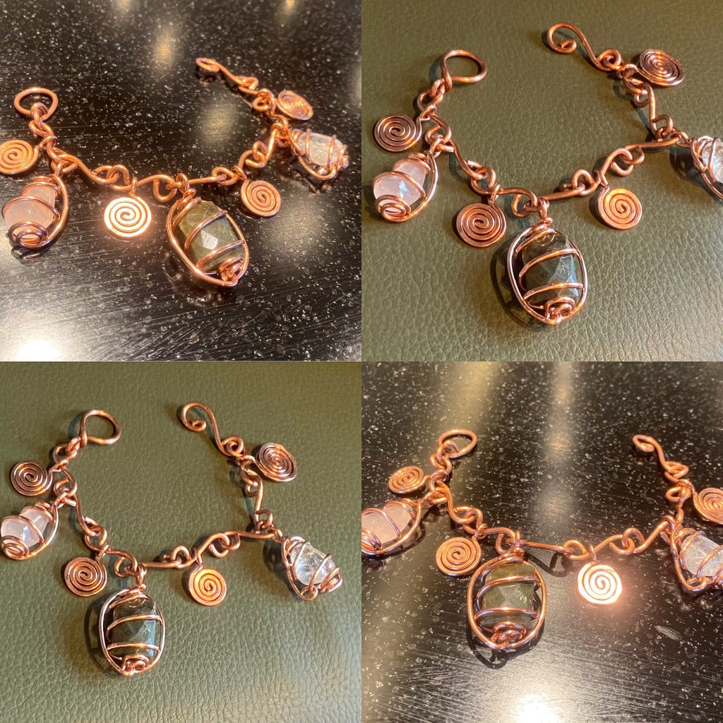 COPPER+ROSE QUARTZ+LABRADORITE+BLUE TOPAZ SWIRL CHARM BRACELET