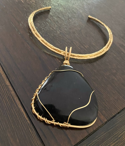 BRASS+BRONZE+OBSIDIAN CHOKER NECKLACE