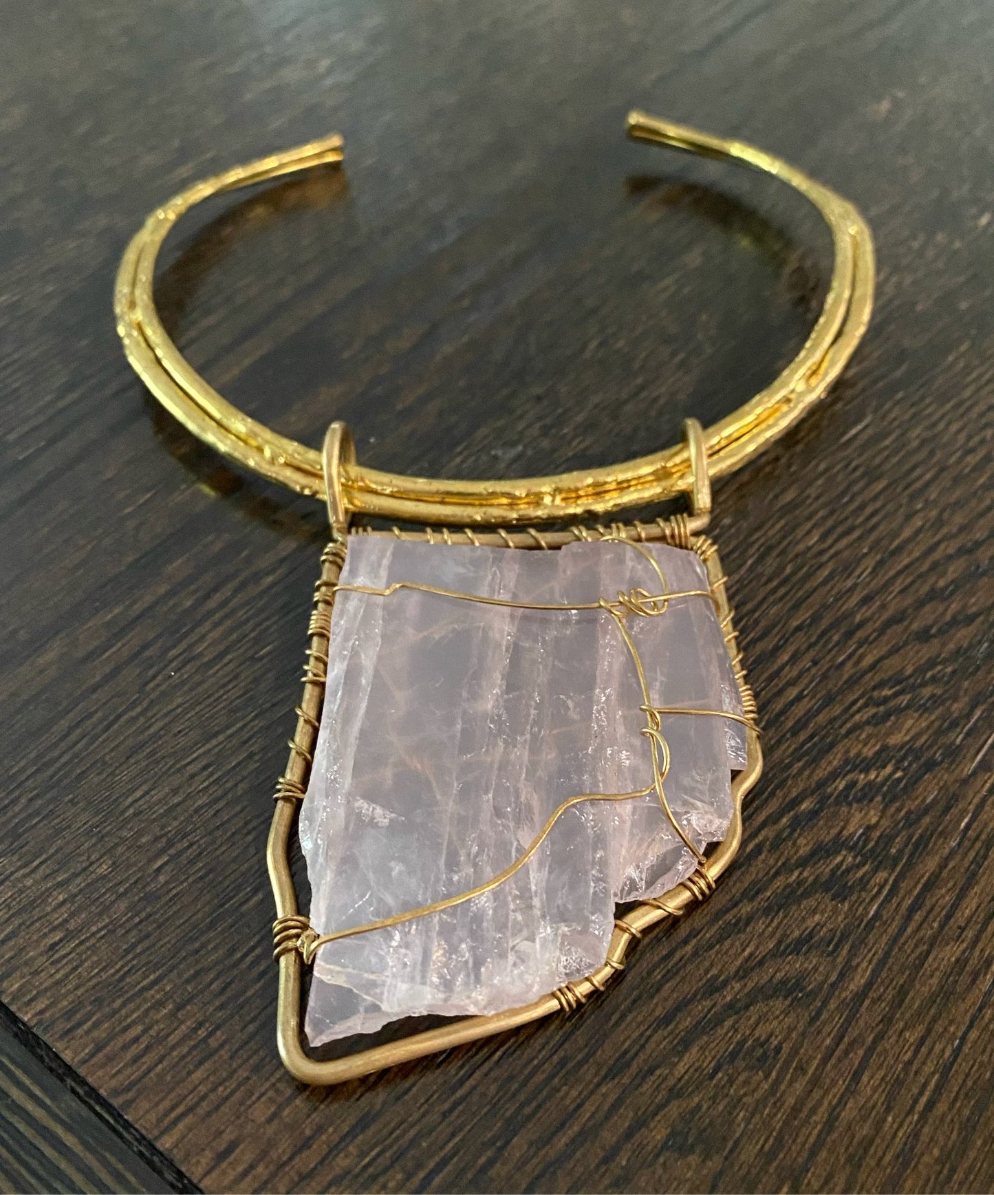 BRASS+BRONZE+ROSE QUARTZ CHOKER NECKLACE