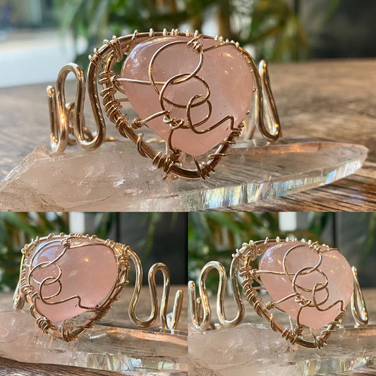 SILVER+ROSE QUARTZ WAVE CUFF BRACELET