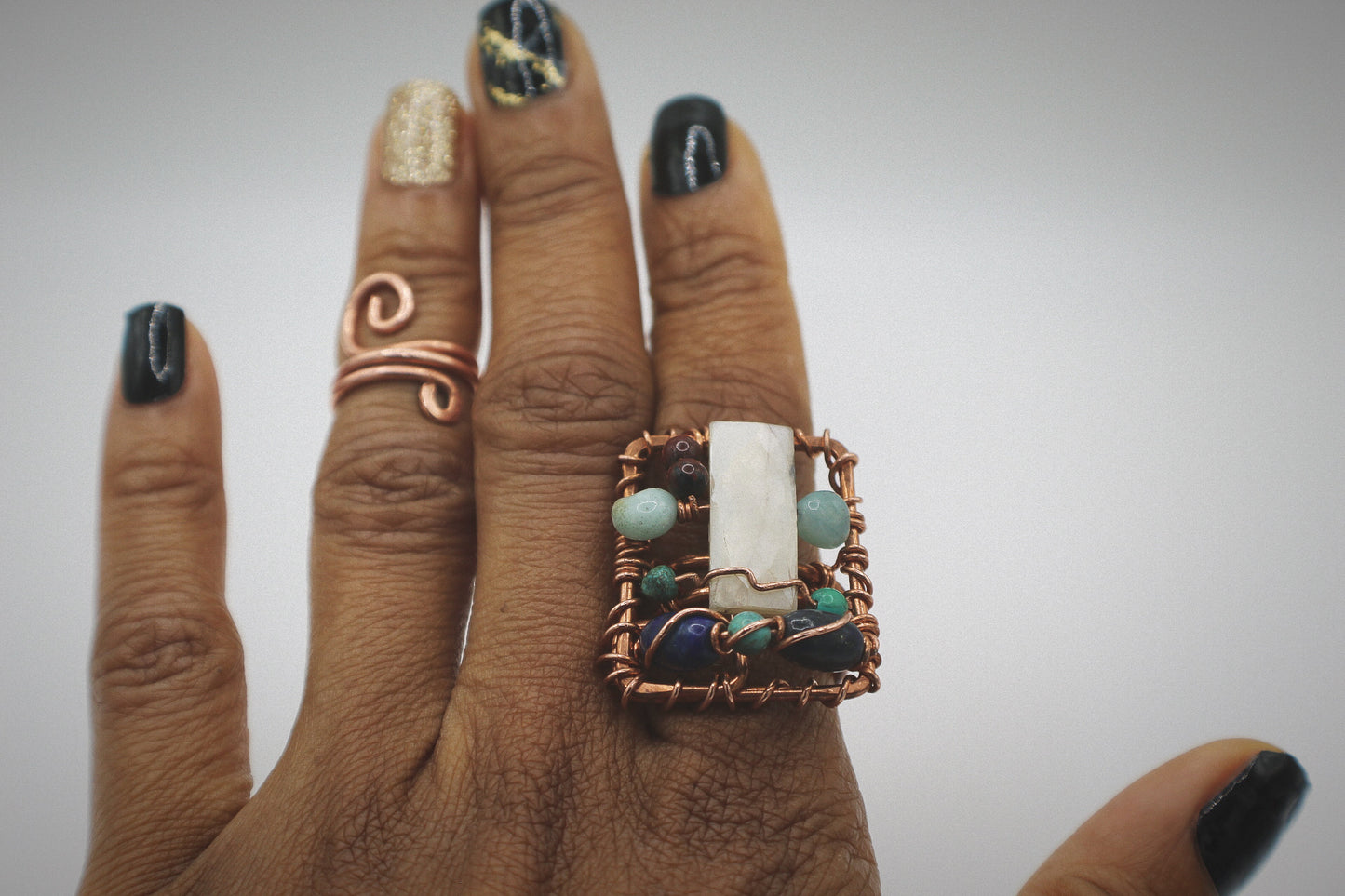 COPPER+MOONSTONE+LAPIS LAZULI+AQUAMARINE+TURQUOISE PARTY RING