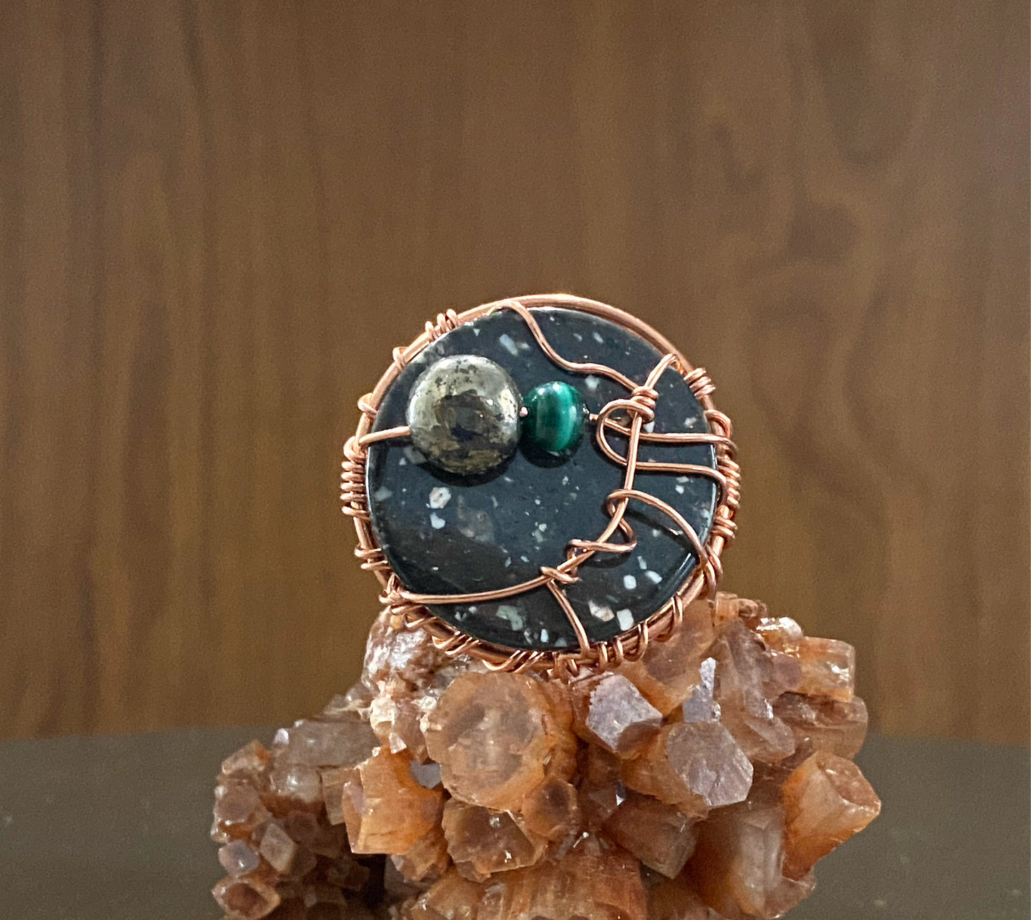 COPPER+POPPY JASPER+MALACHITE+PYRITE RING