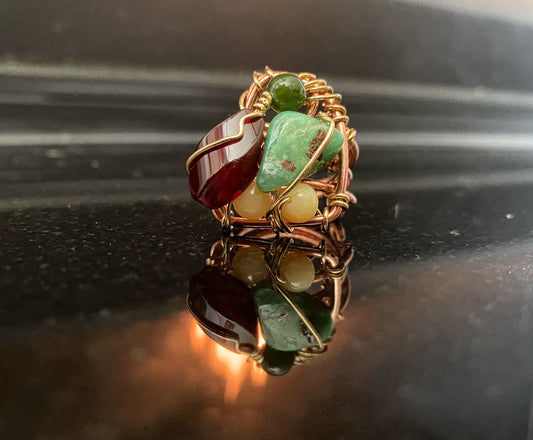 COPPER+BRONZE+JADE+AGATE  +CHRYSOPRASE+CARNELIAN  PARTY RING