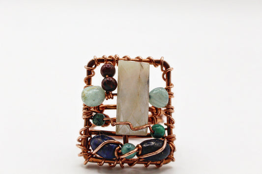 COPPER+MOONSTONE+LAPIS LAZULI+AQUAMARINE+TURQUOISE PARTY RING