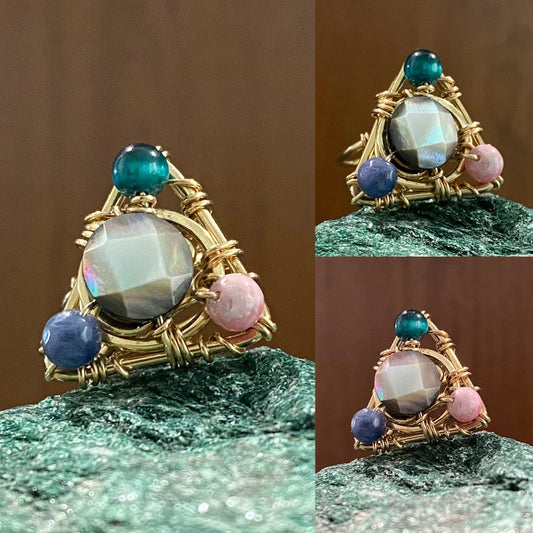 BRONZE+ABALONE+CATS EYE+RHODOCHROSITE+SODALITE PARTY RING