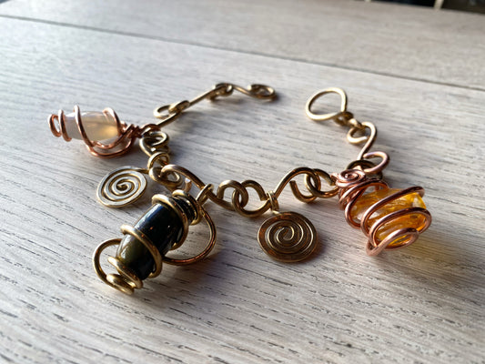 BRONZE+COPPER+AMBER+BLUE TIGERS EYE+AGATE CHARM BRACET