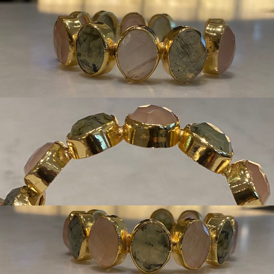 BRASS+ROSE QUARTZ+ PREHNITE CUFF BRACELET