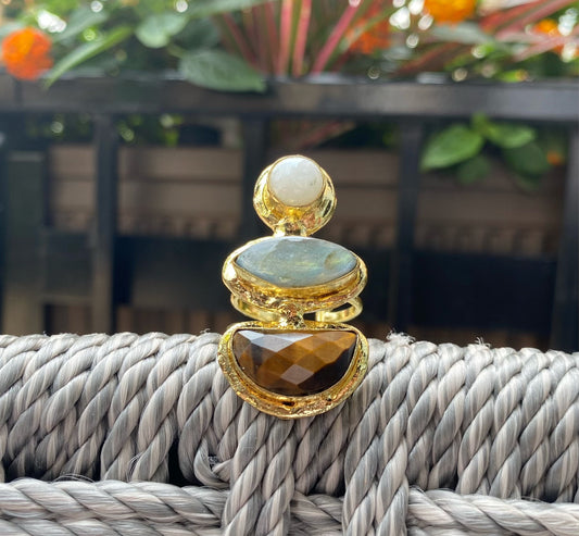 BRASS+MOONSTONE+LABRADORITE +TIGERS EYE TRINITY RING