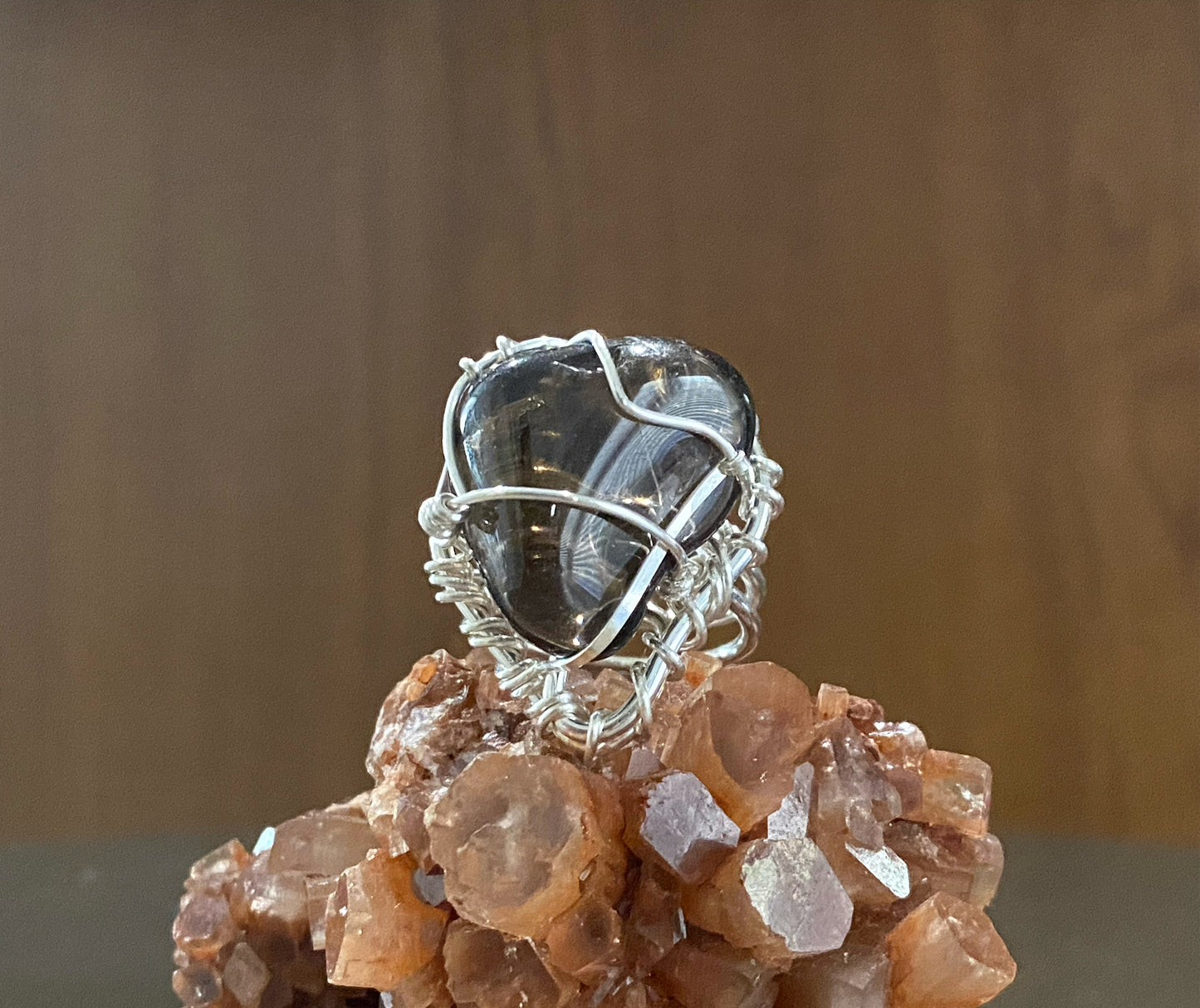 SILVER+SMOKEY QUARTZ RING