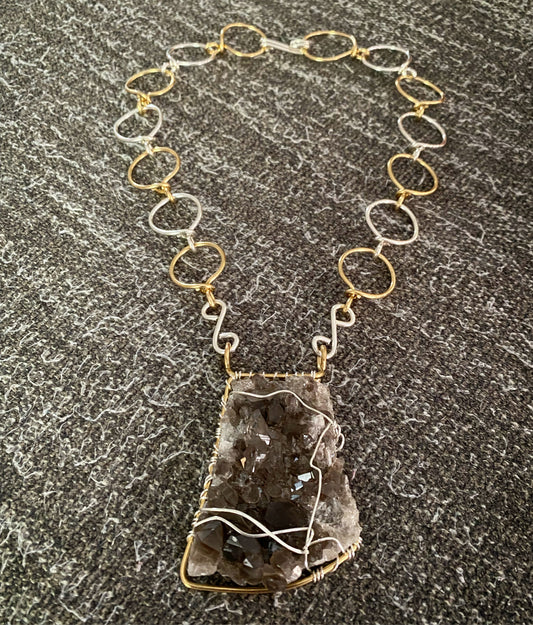 BRONZE+SILVER+ SMOKEY QUARTZ CIRCLE LINK NECKLACE