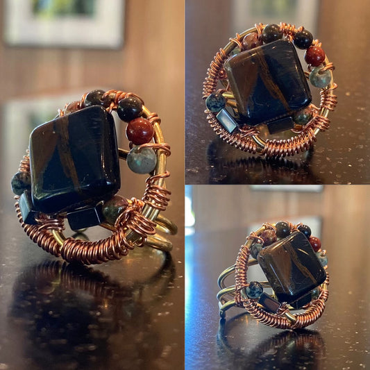 COPPER+BRONZE+BLUE TIGERS EYE+HEMATITE+TURQUOISE +UNAKITE+RED JASPER +OBSIDIAN PARTY RING