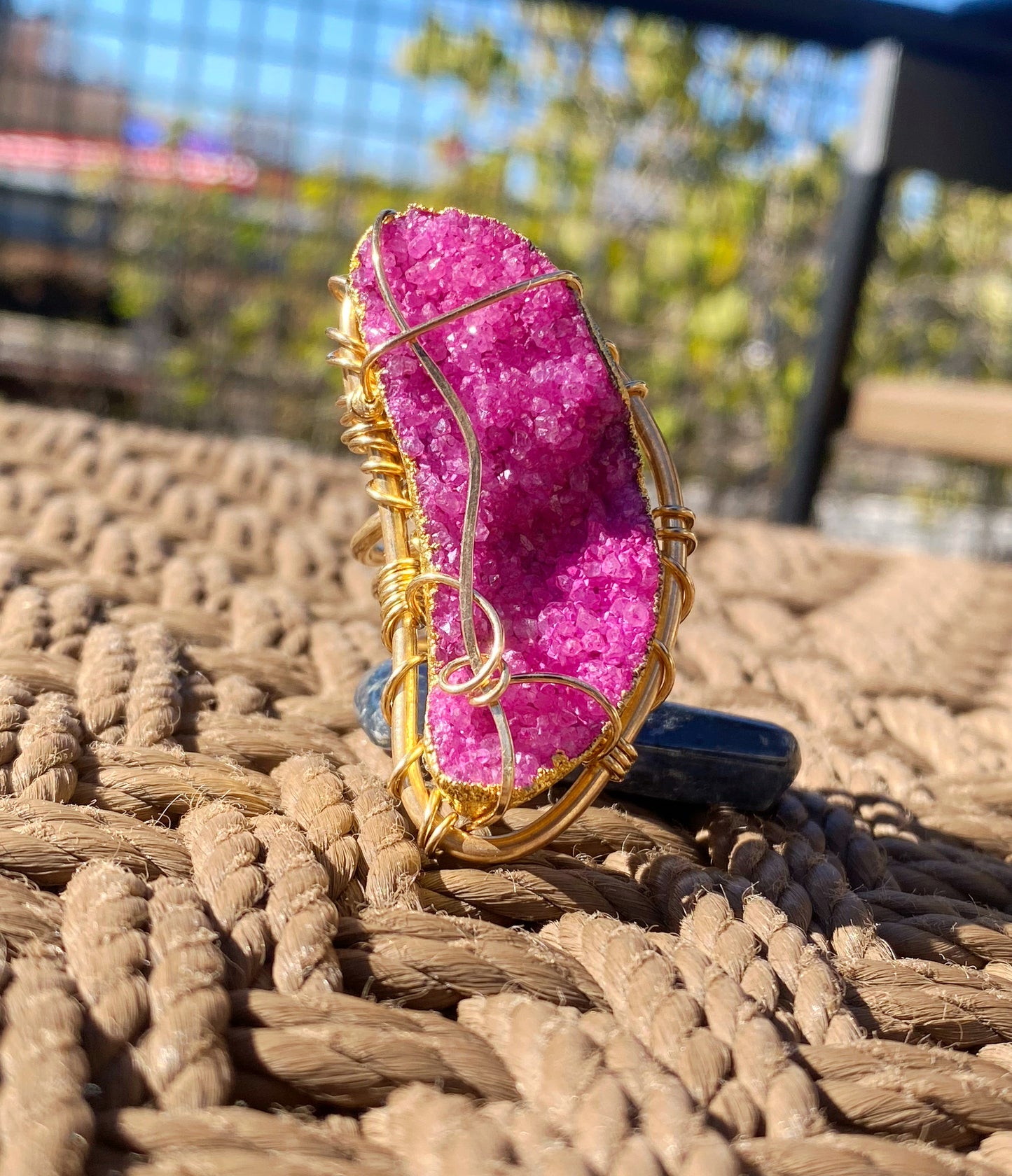 BRONZE+PINK AGATE DRUZY RING