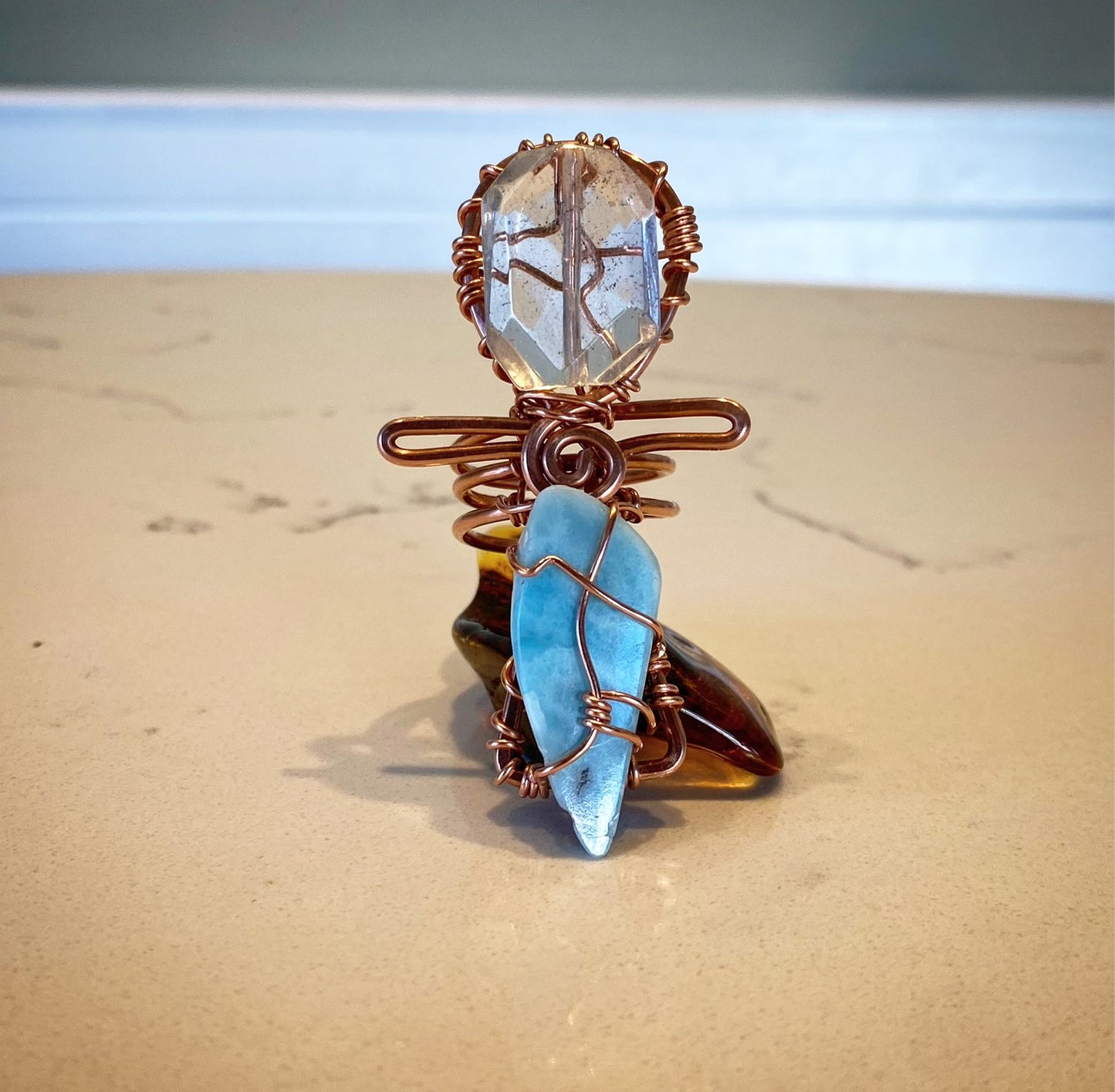 COPPER+LARIMAR+CLEAR QUARTZ ANKH RING