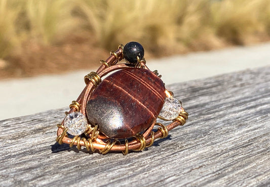 COPPER+RED TIGERS EYE+SHUNGITE+CLEAR QUARTZ PARTY RING