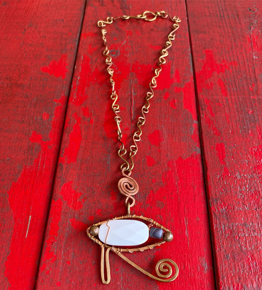 BRONZE+COPPER+ALABASTER+BOTSWANA AGATE EYE OF HERU NECKLACE