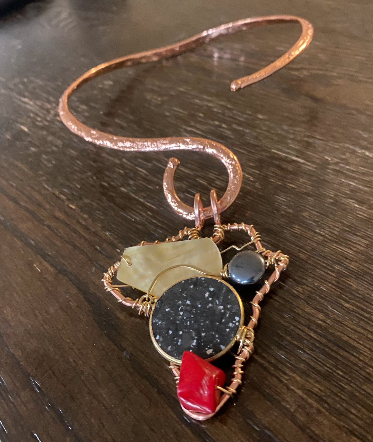 COPPER+BRONZE+ HONEY ABALONE+JASPER+ HEMATITE+ RED CORAL ALKEBULAN NECKLACE