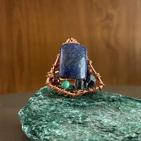 COPPER+LAPIS LAZULI+RED JASPER+TURQUOISE+HEMATITE PARTY RING