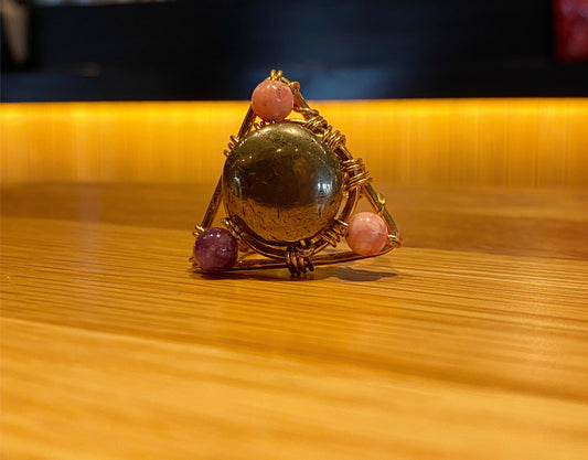 BRONZE+PYRITE+ RHODOCHROSITE+ AMETHYST TRIANGLE PARTY RING