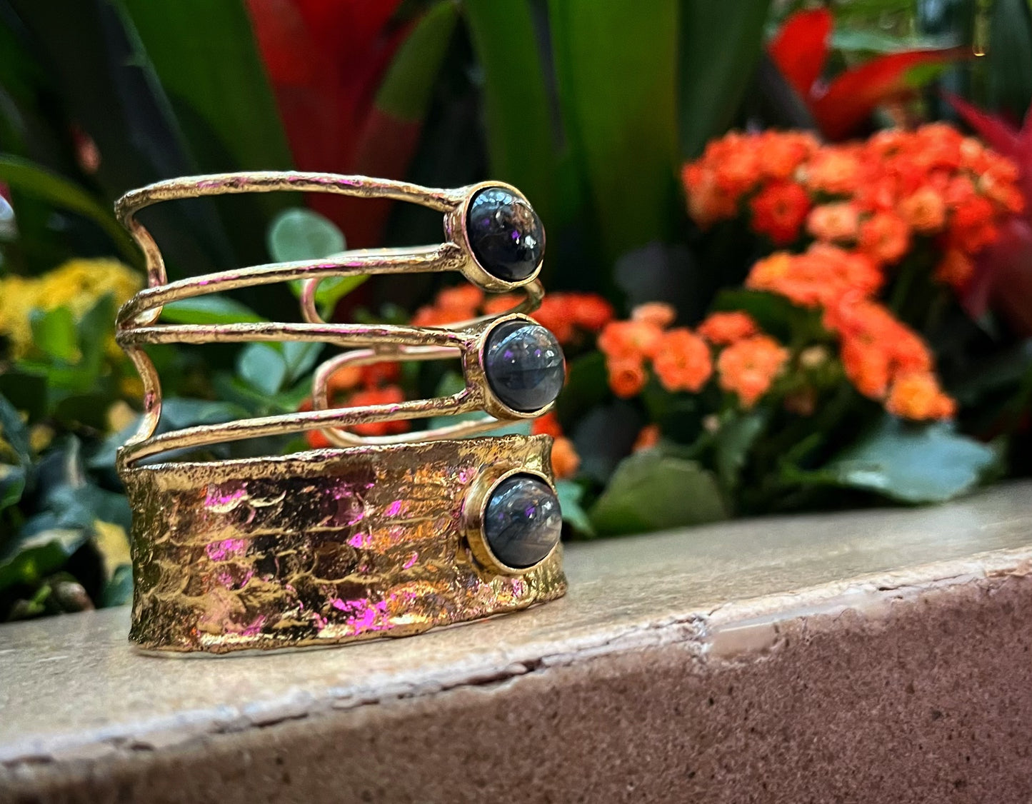 BRASS+TRIPLE LABRADORITE CUFF BRACELET