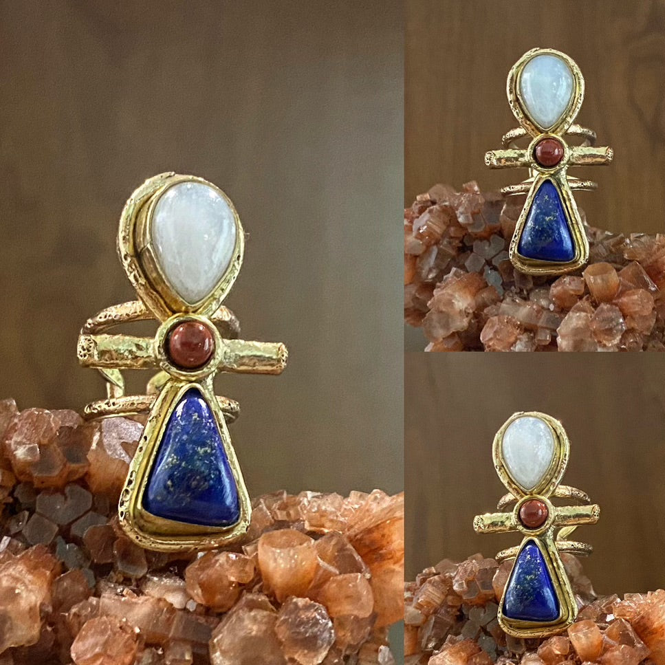 BRASS+LAPIS LAZULI+RED JASPER+MOONSTONE ANKH RING