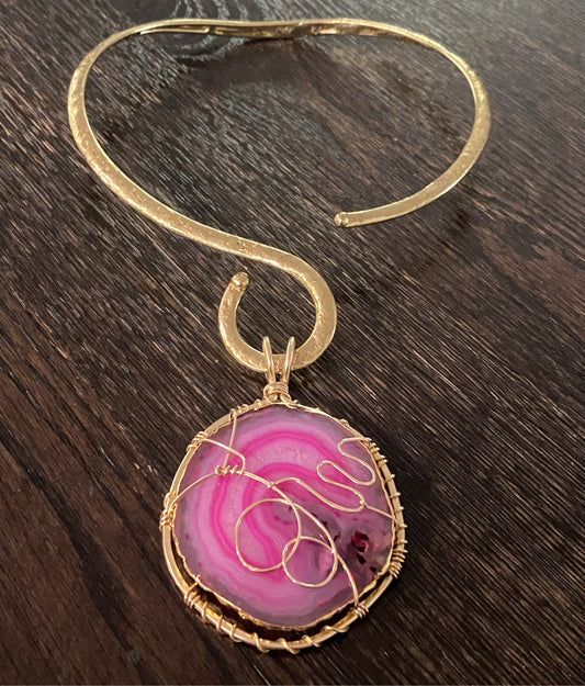 BRASS+BRONZE+PINK AGATE CHOKER NECKLACE