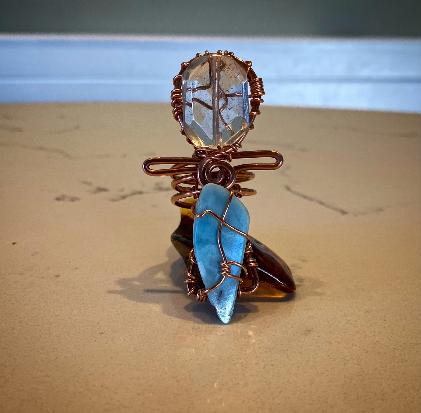 COPPER+LARIMAR+CLEAR QUARTZ ANKH RING