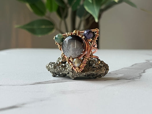 AGATE+CHAROITE+CATS EYE RING IN COPPER & BRONZE