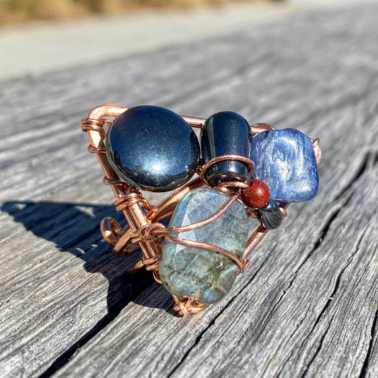 COPPER+HEMATITE+KYANITE+ LABRADORITE PARTY RING