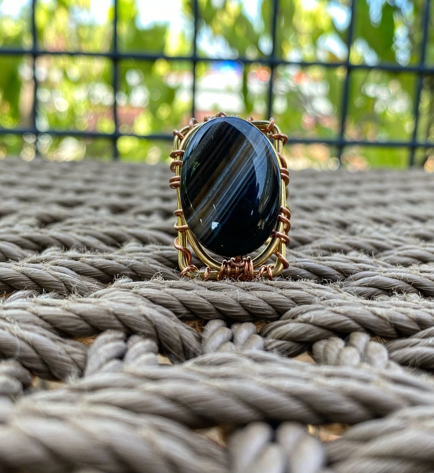 BRONZE+COPPER+BANDED ONYX-AGATE RING